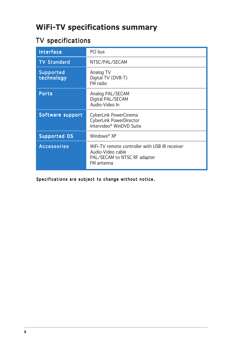 Wifi-tv specifications summary, Tv specifications | Asus Wi-Fi TV User Manual | Page 10 / 60