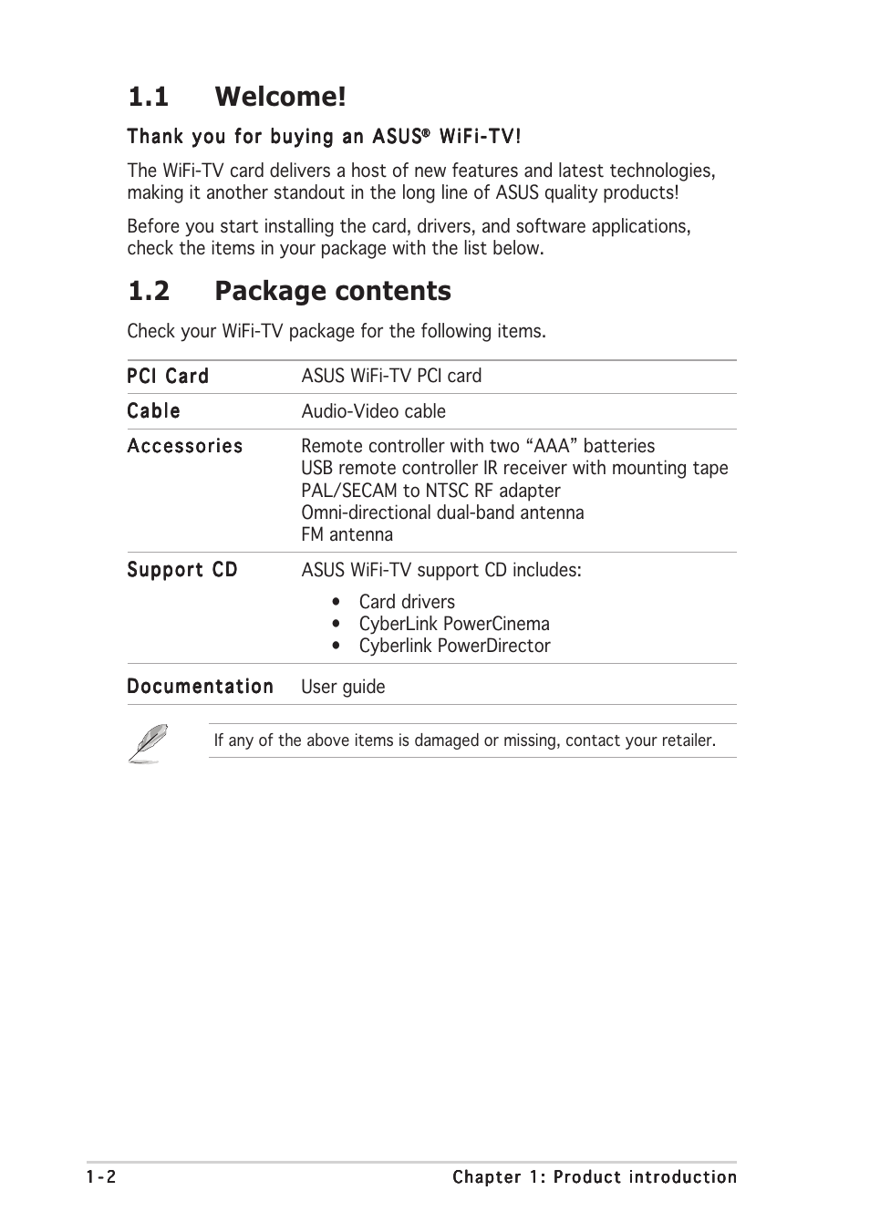 1 welcome, 2 package contents | Asus Wi-Fi TV User Manual | Page 12 / 60