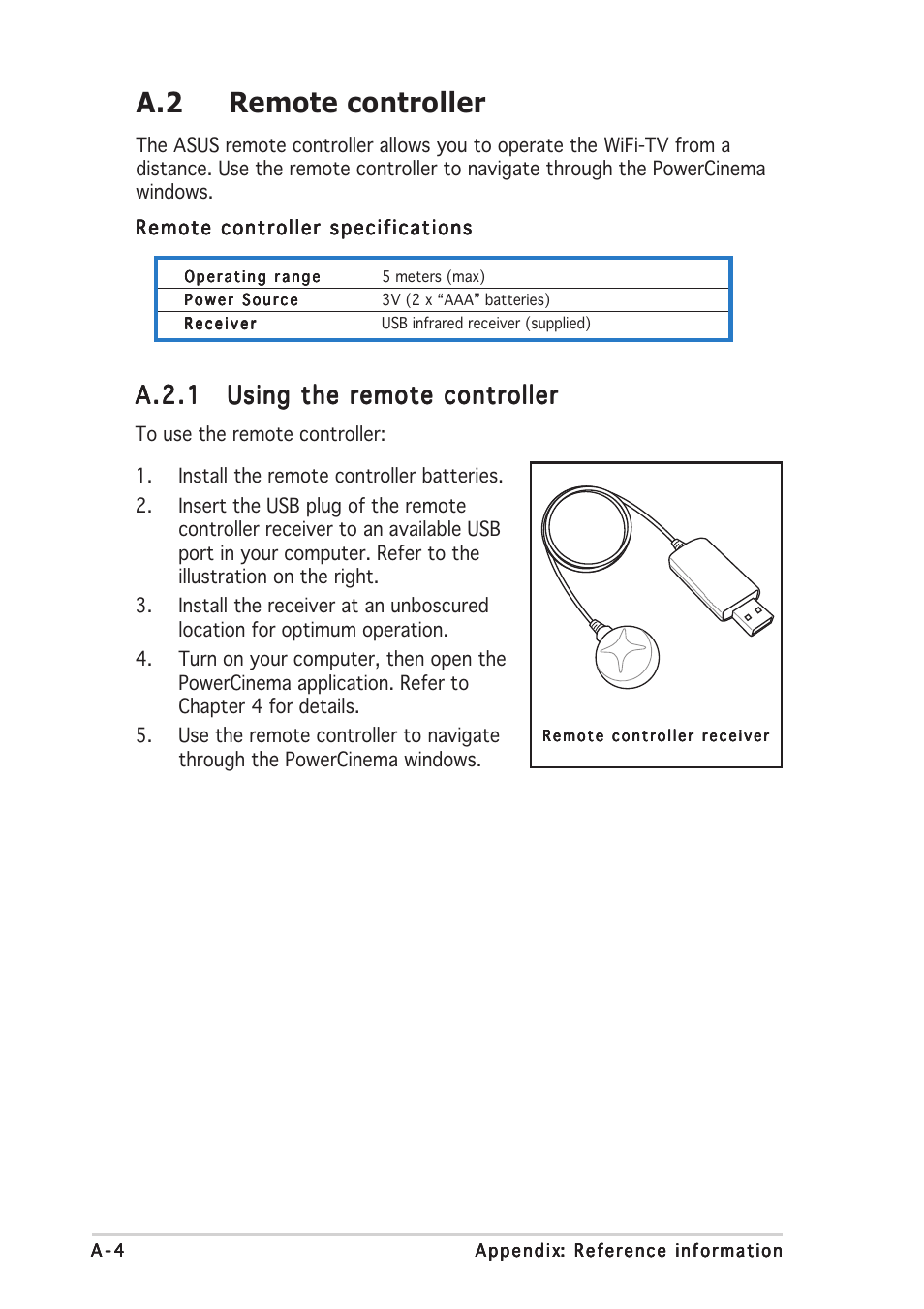 A.2 remote controller, A.2.1 | Asus Wi-Fi TV User Manual | Page 56 / 60