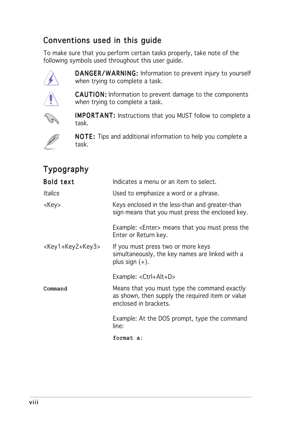 Conventions used in this guide, Typography | Asus Wi-Fi TV User Manual | Page 8 / 60