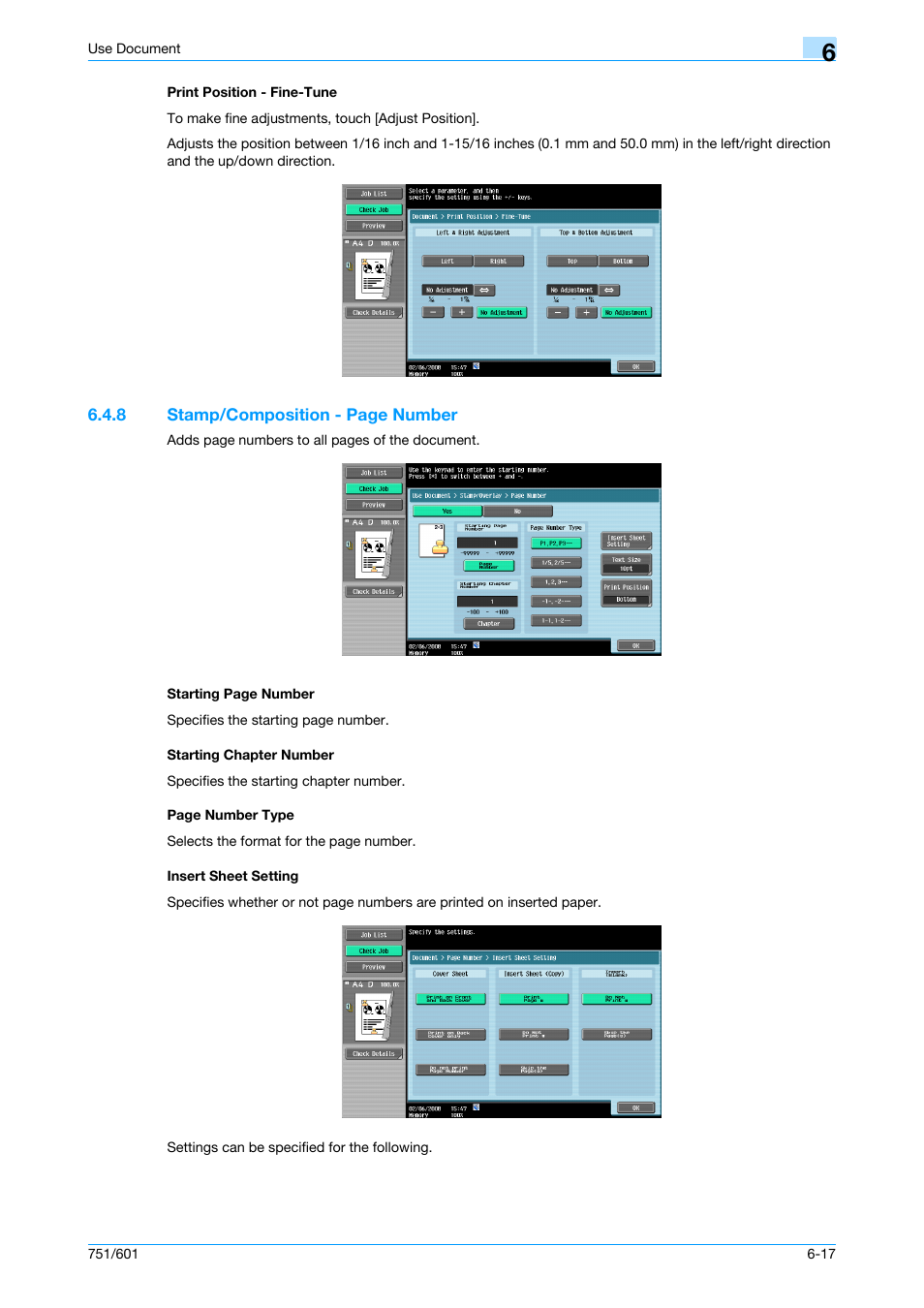 Print position - fine-tune, Starting chapter number, Insert sheet setting | Print position - fine-tune -17, P. 6-17 | Konica Minolta bizhub 751 User Manual | Page 107 / 238