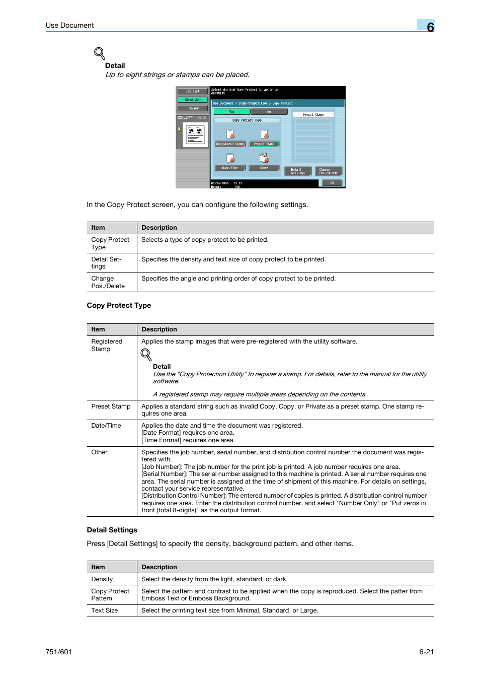 Copy protect type, Detail settings, Copy protect type -21 detail settings -21 | P. 6-21 | Konica Minolta bizhub 751 User Manual | Page 111 / 238