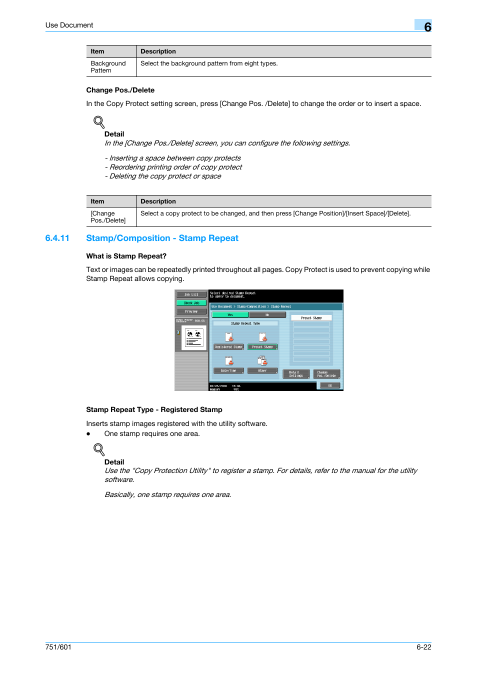 Change pos./delete, 11 stamp/composition - stamp repeat, What is stamp repeat | Stamp repeat type - registered stamp, Change pos./delete -22, P. 6-22, Stamp repeat | Konica Minolta bizhub 751 User Manual | Page 112 / 238