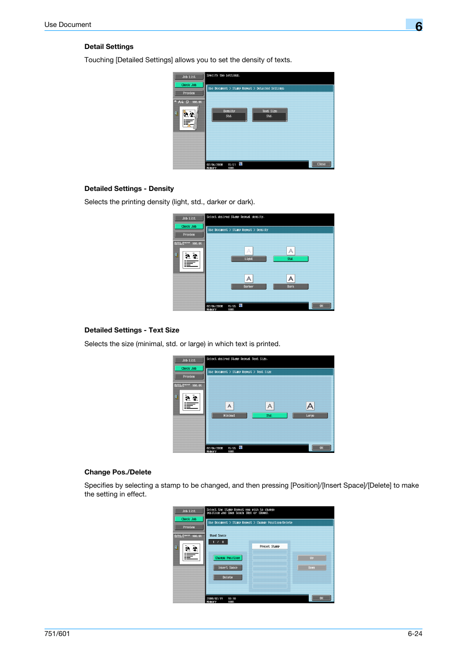 Detail settings, Detailed settings - density, Detailed settings - text size | Change pos./delete, P. 6-24 | Konica Minolta bizhub 751 User Manual | Page 114 / 238