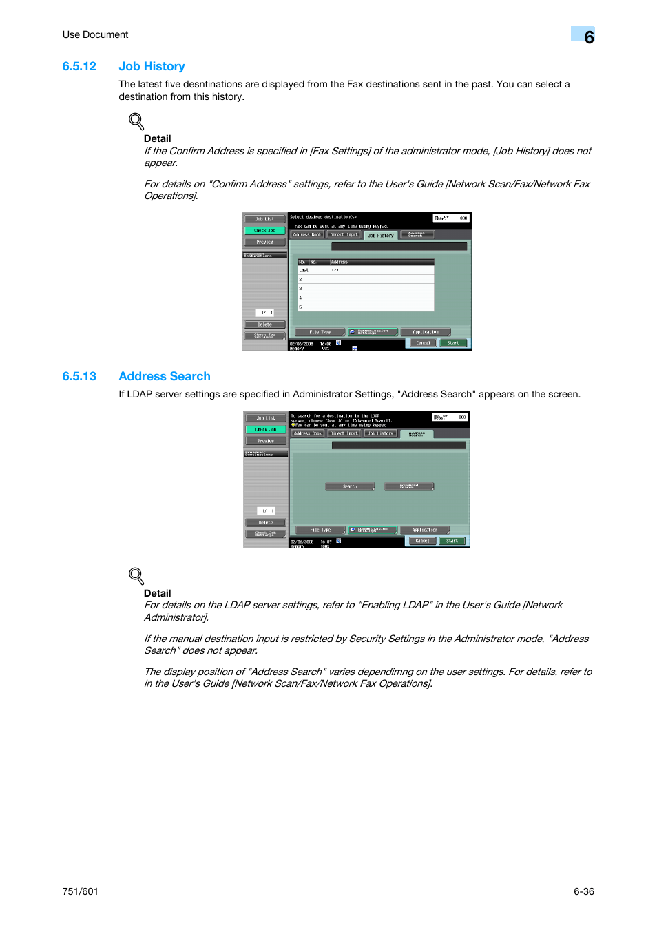 12 job history, 13 address search, Job history -36 | Address search -36, P. 6-36 | Konica Minolta bizhub 751 User Manual | Page 126 / 238