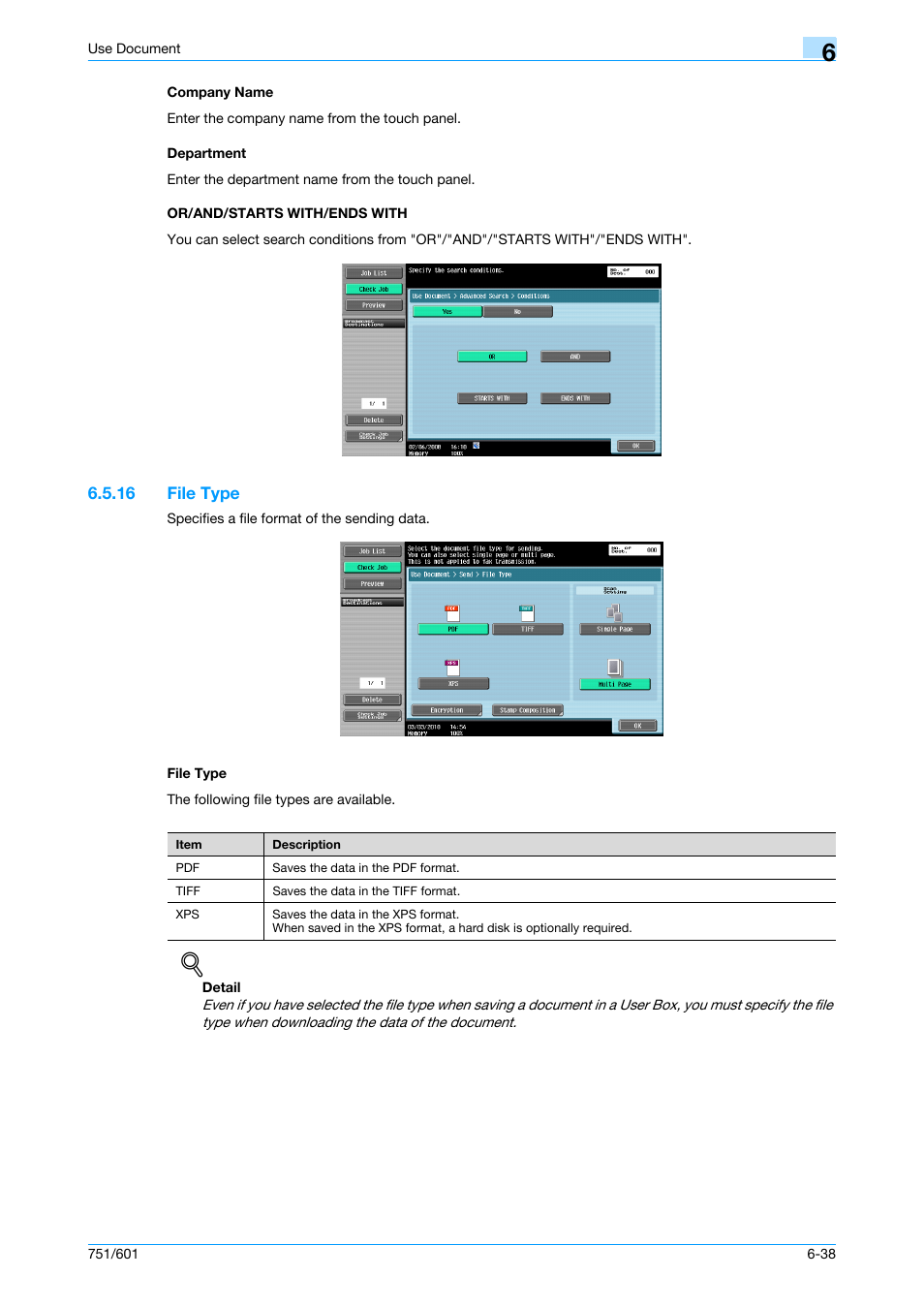 Company name, Department, Or/and/starts with/ends with | 16 file type, File type, File type -38 file type -38, P. 6-38 | Konica Minolta bizhub 751 User Manual | Page 128 / 238