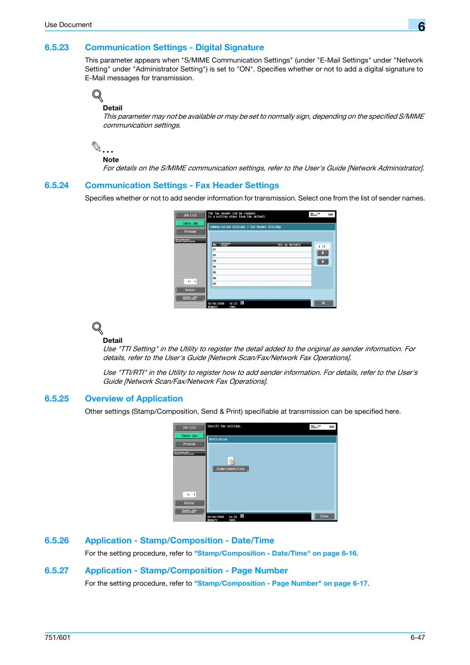 23 communication settings - digital signature, 24 communication settings - fax header settings, 25 overview of application | 26 application - stamp/composition - date/time, Communication settings - digital signature -47, Communication settings - fax header settings -47, Overview of application -47, Application - stamp/composition - date/time -47, P. 6-47 | Konica Minolta bizhub 751 User Manual | Page 137 / 238