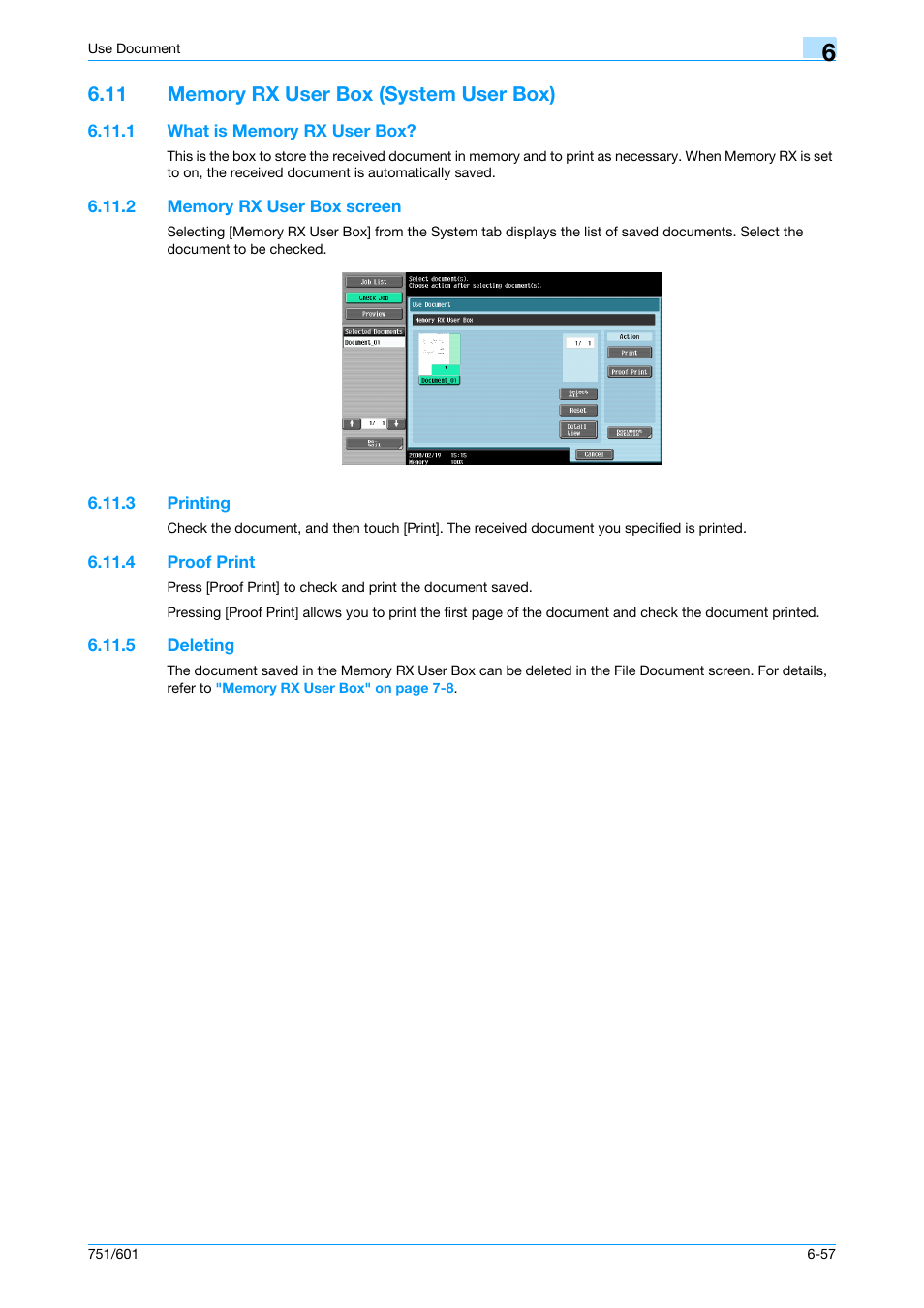 11 memory rx user box (system user box), 1 what is memory rx user box, 2 memory rx user box screen | 3 printing, 4 proof print, 5 deleting, Memory rx user box (system user box) -57, What is memory rx user box? -57, Memory rx user box screen -57, Printing -57 | Konica Minolta bizhub 751 User Manual | Page 147 / 238