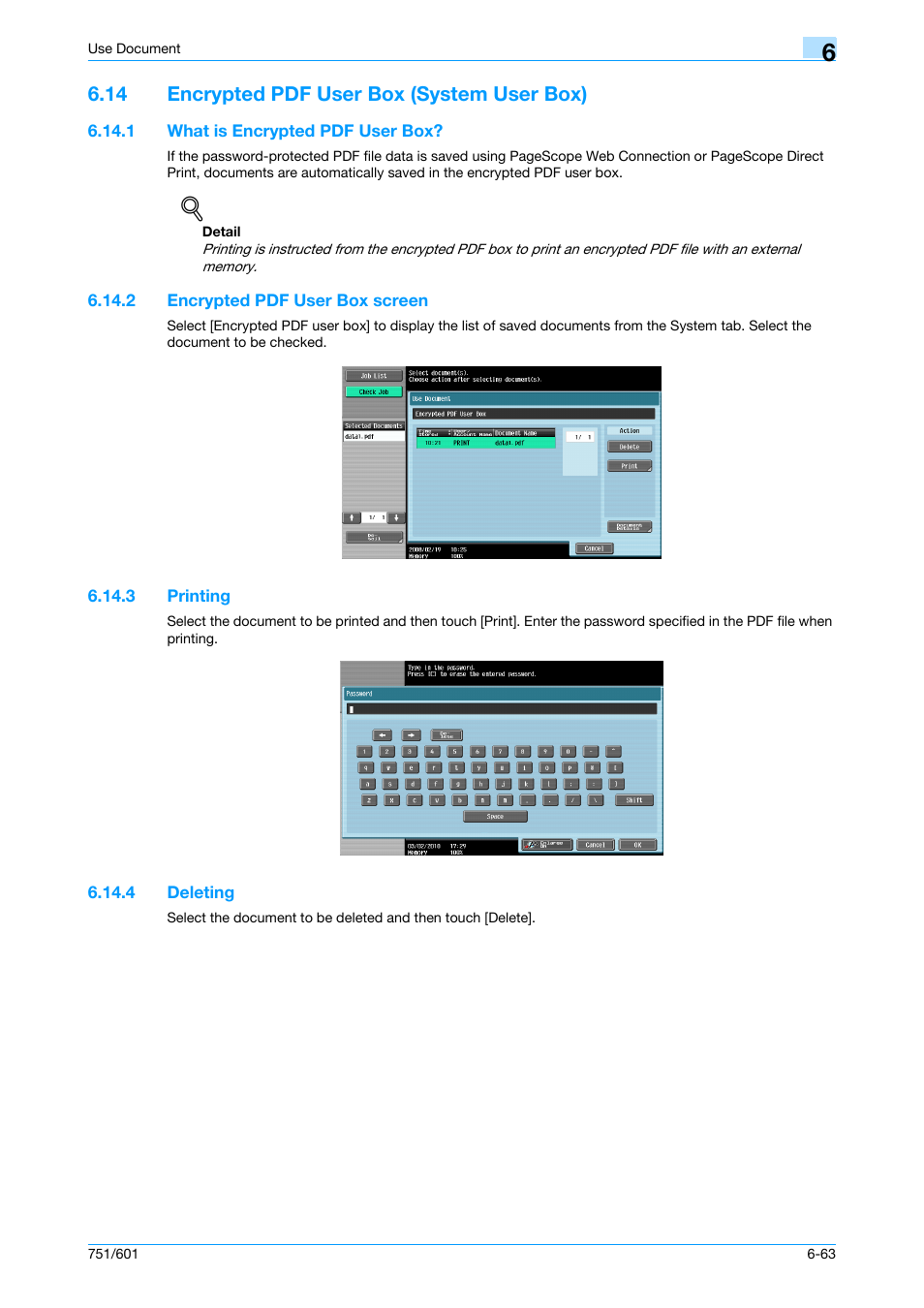 14 encrypted pdf user box (system user box), 1 what is encrypted pdf user box, 2 encrypted pdf user box screen | 3 printing, 4 deleting, Encrypted pdf user box (system user box) -63, What is encrypted pdf user box? -63, Encrypted pdf user box screen -63, Printing -63, Deleting -63 | Konica Minolta bizhub 751 User Manual | Page 153 / 238