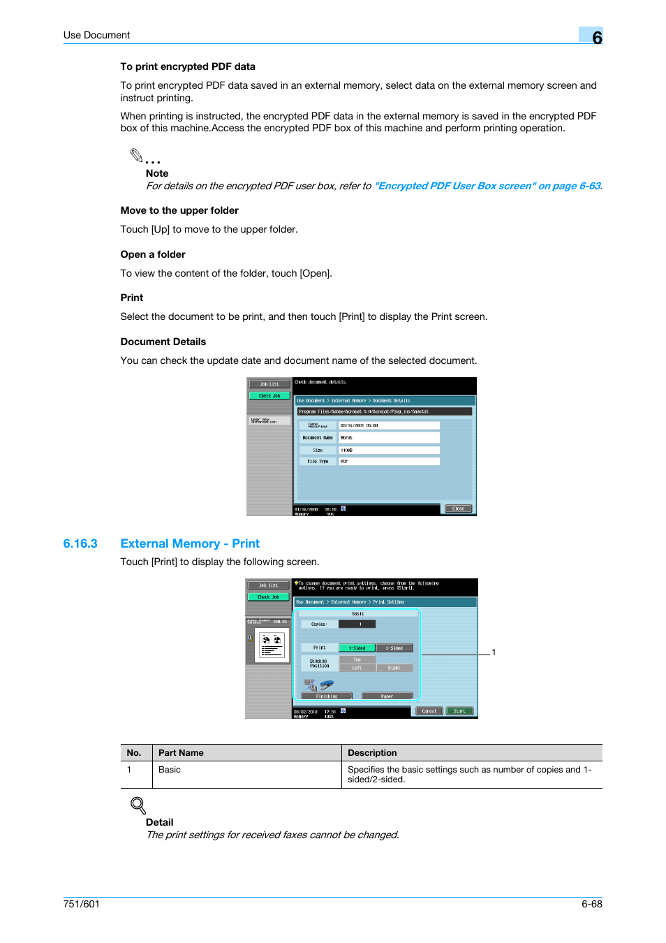 To print encrypted pdf data, Move to the upper folder, Open a folder | Print, Document details, 3 external memory - print, External memory - print -68 | Konica Minolta bizhub 751 User Manual | Page 158 / 238