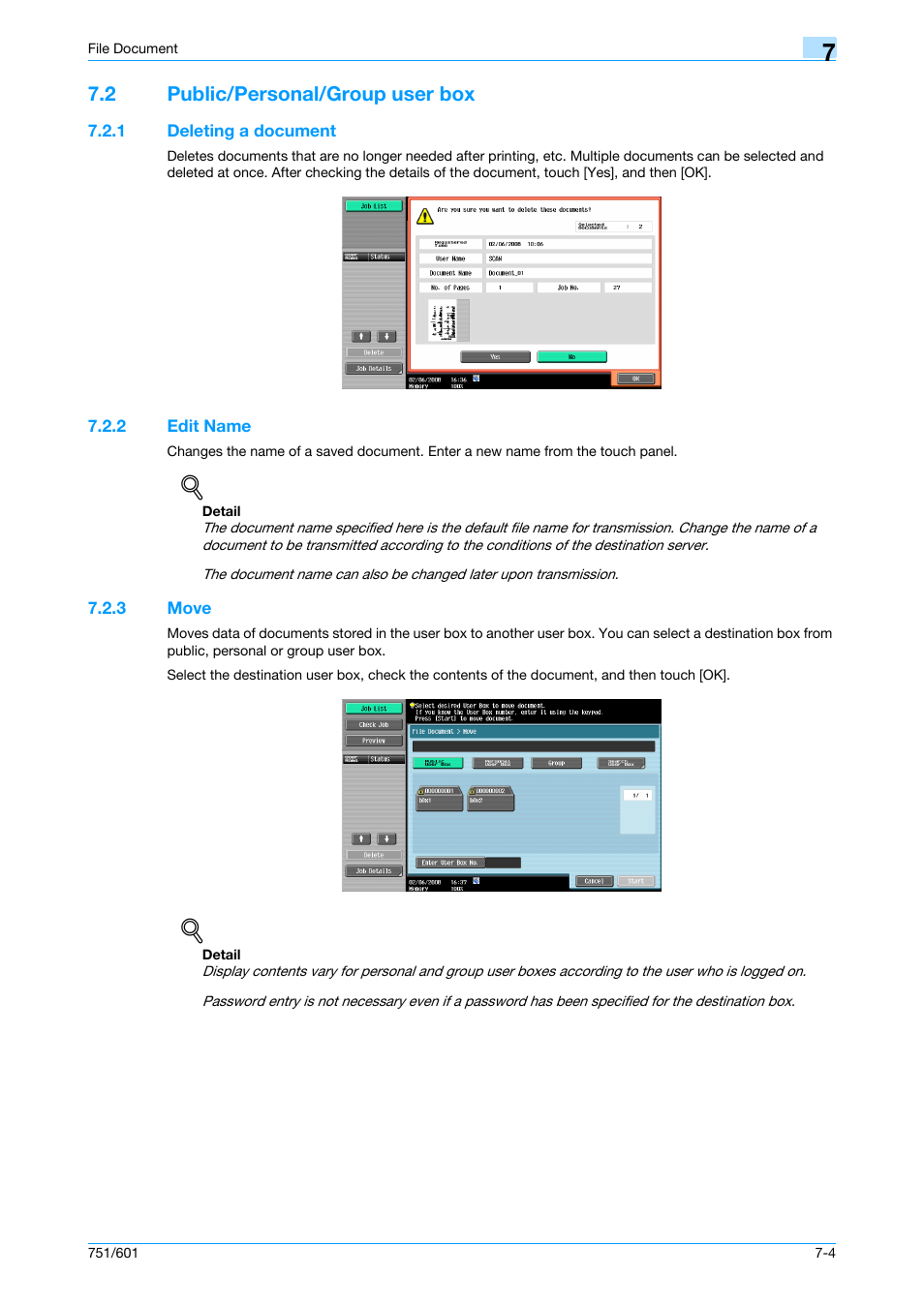 2 public/personal/group user box, 1 deleting a document, 2 edit name | 3 move, Public/personal/group user box -4, Deleting a document -4, Edit name -4, Move -4, Fer to, P. 7-4 | Konica Minolta bizhub 751 User Manual | Page 163 / 238