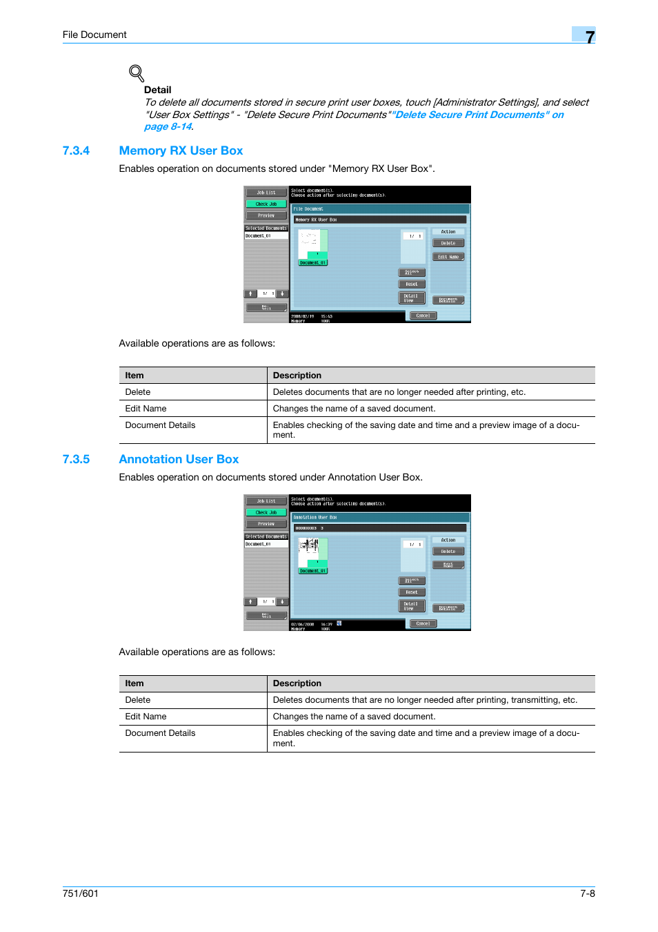 4 memory rx user box, 5 annotation user box, Memory rx user box -8 | Annotation user box -8, P. 7-8 | Konica Minolta bizhub 751 User Manual | Page 167 / 238