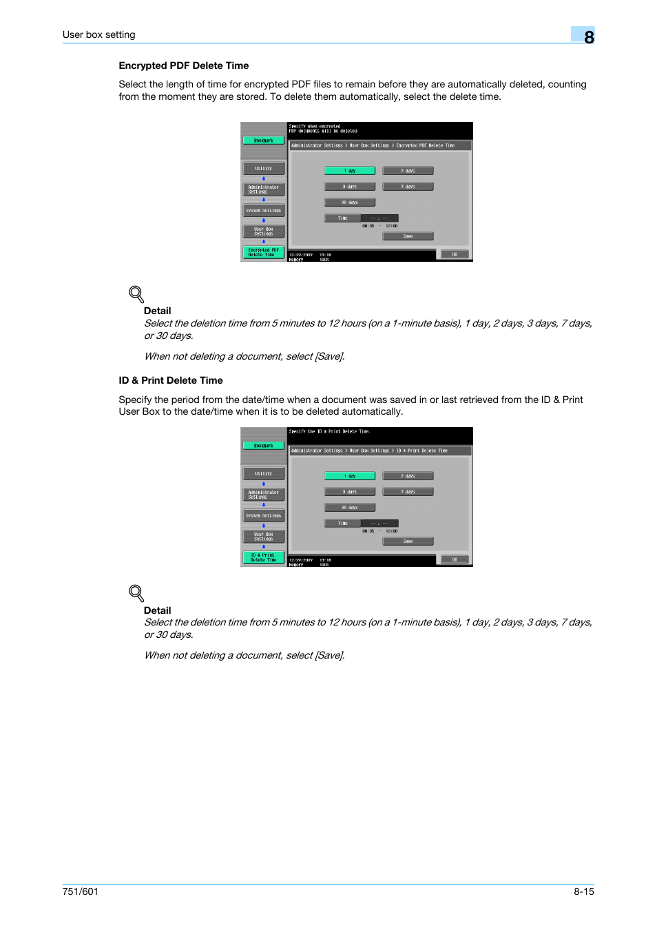 Encrypted pdf delete time, Id & print delete time, P. 8-15 | Konica Minolta bizhub 751 User Manual | Page 183 / 238