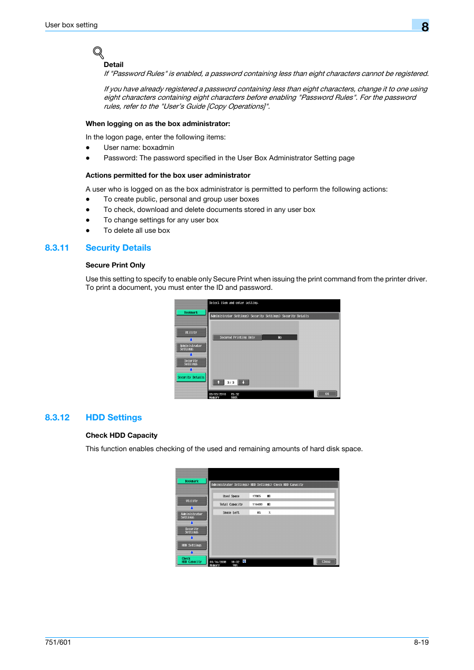 When logging on as the box administrator, Actions permitted for the box user administrator, 11 security details | Secure print only, 12 hdd settings, Check hdd capacity, Security details -19 secure print only -19, Hdd settings -19 check hdd capacity -19, P. 8-19 | Konica Minolta bizhub 751 User Manual | Page 187 / 238