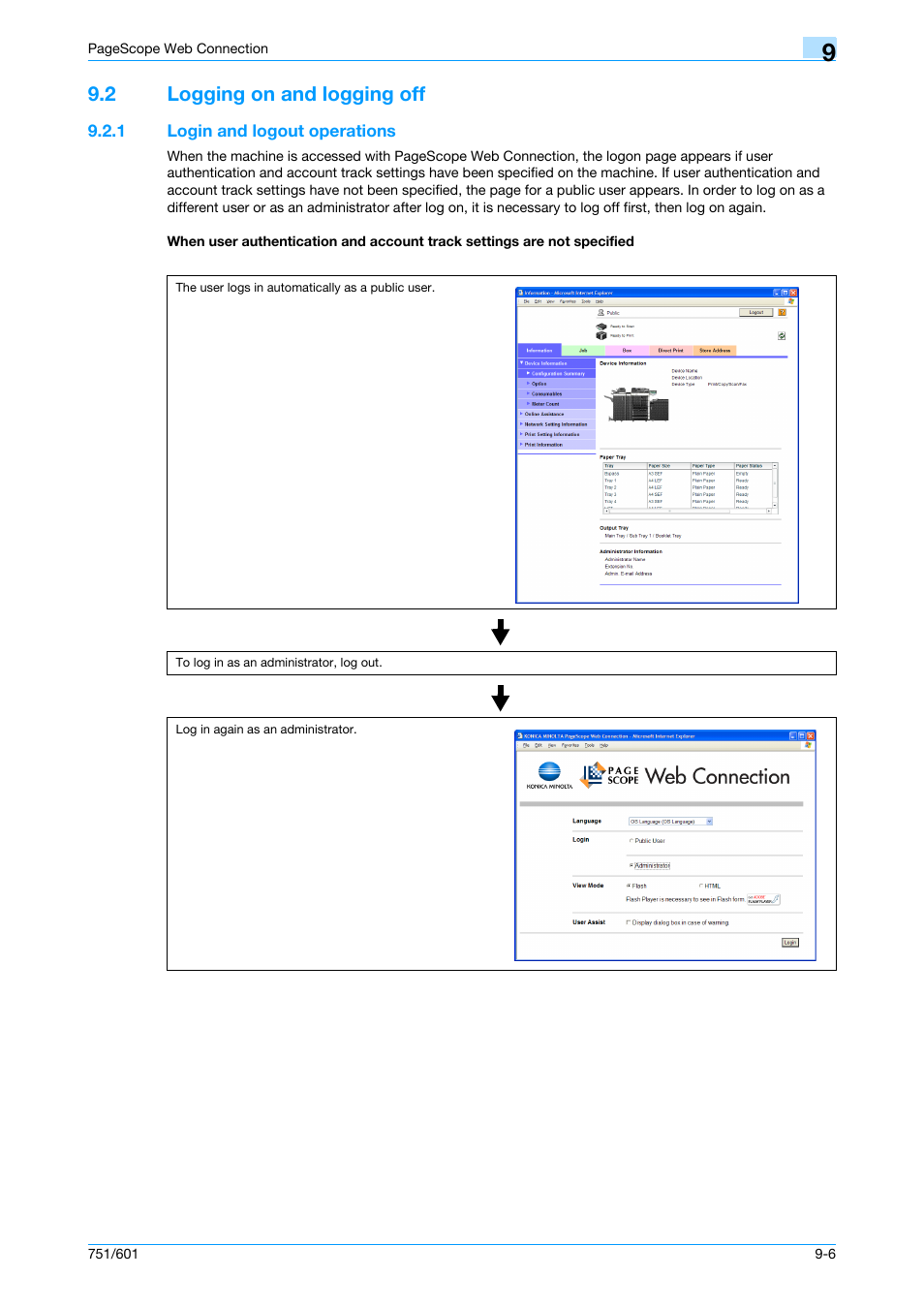 2 logging on and logging off, 1 login and logout operations, Logging on and logging off -6 | Details, refer to, Logging on, Administrator, refer to | Konica Minolta bizhub 751 User Manual | Page 196 / 238