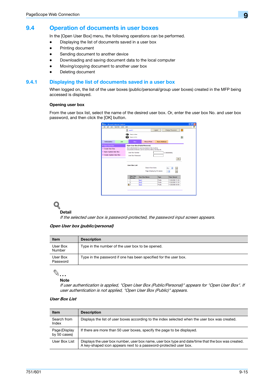 4 operation of documents in user boxes, Opening user box, Operation of documents in user boxes -15 | Konica Minolta bizhub 751 User Manual | Page 205 / 238