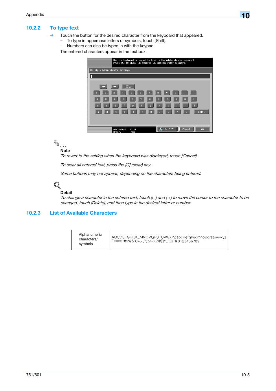 2 to type text, 3 list of available characters, To type text -5 | List of available characters -5 | Konica Minolta bizhub 751 User Manual | Page 230 / 238