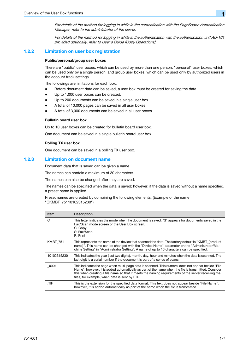 2 limitation on user box registration, Public/personal/group user boxes, Bulletin board user box | Polling tx user box, 3 limitation on document name, Limitation on document name -7 | Konica Minolta bizhub 751 User Manual | Page 25 / 238