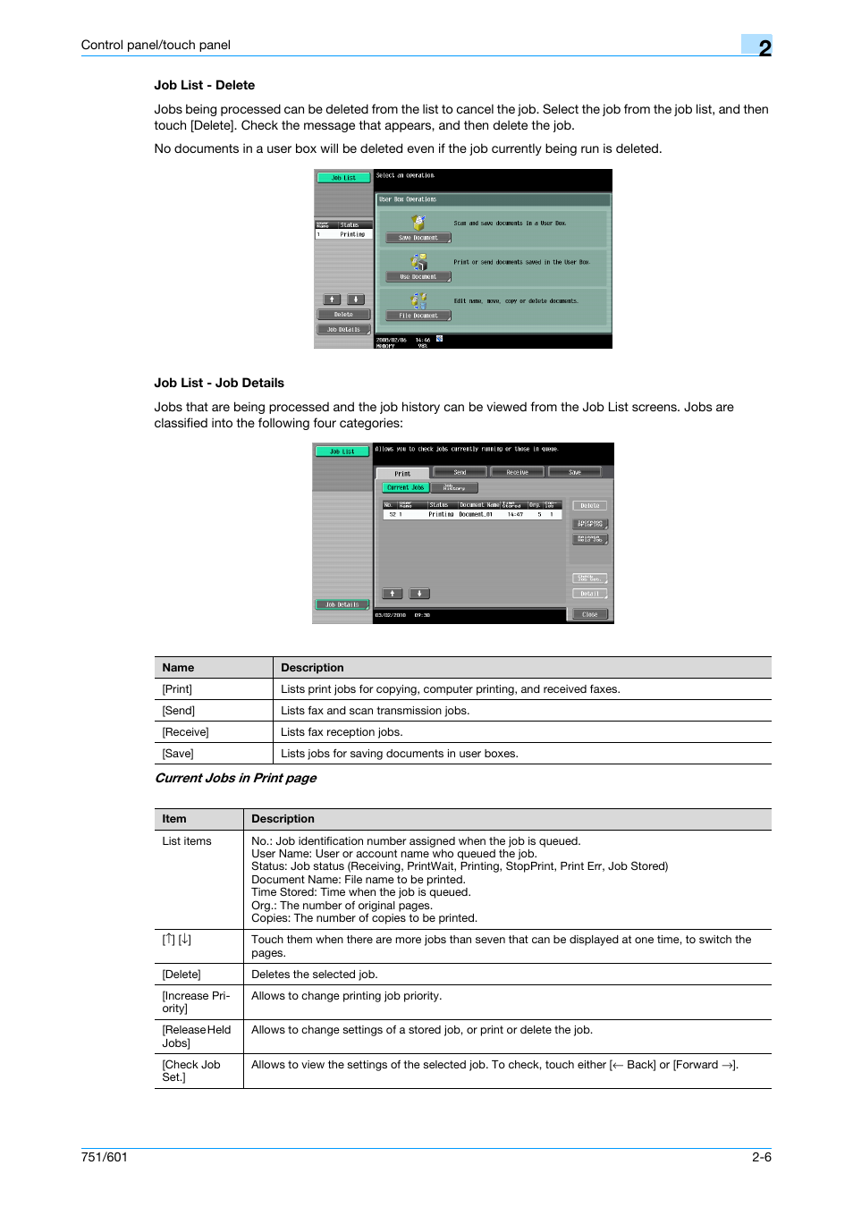 Job list - delete, Job list - job details, Job list - delete -6 job list - job details -6 | Konica Minolta bizhub 751 User Manual | Page 38 / 238