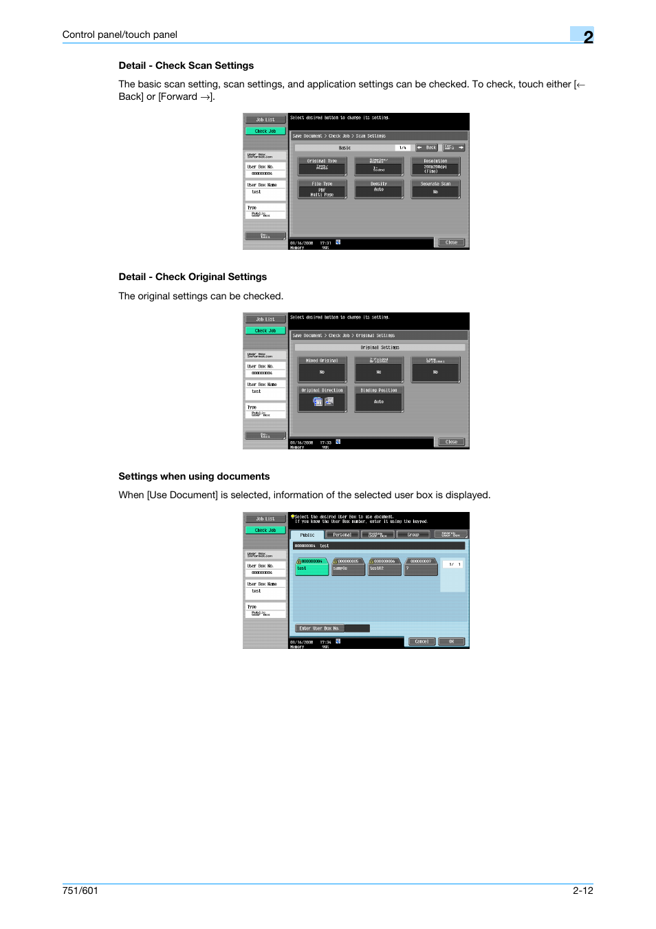 Detail - check scan settings, Detail - check original settings, Settings when using documents | Detail - check scan settings -12 | Konica Minolta bizhub 751 User Manual | Page 44 / 238