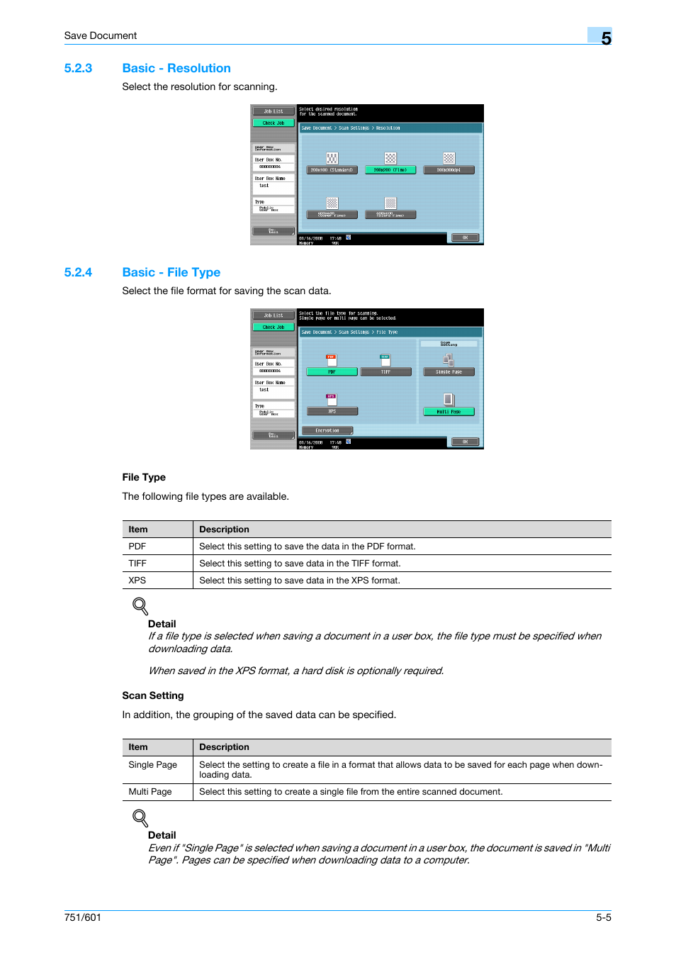 3 basic - resolution, 4 basic - file type, File type | Scan setting, Basic - resolution -5, Basic - file type -5 file type -5 scan setting -5, P. 5-5 | Konica Minolta bizhub 751 User Manual | Page 81 / 238