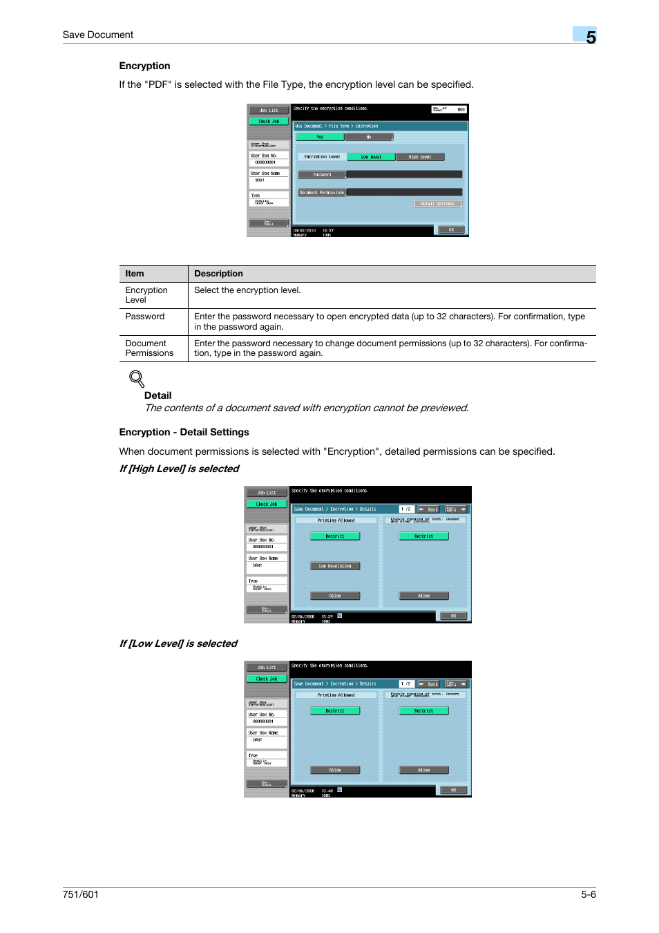 Encryption, Encryption - detail settings, Encryption -6 encryption - detail settings -6 | P. 5-6 | Konica Minolta bizhub 751 User Manual | Page 82 / 238