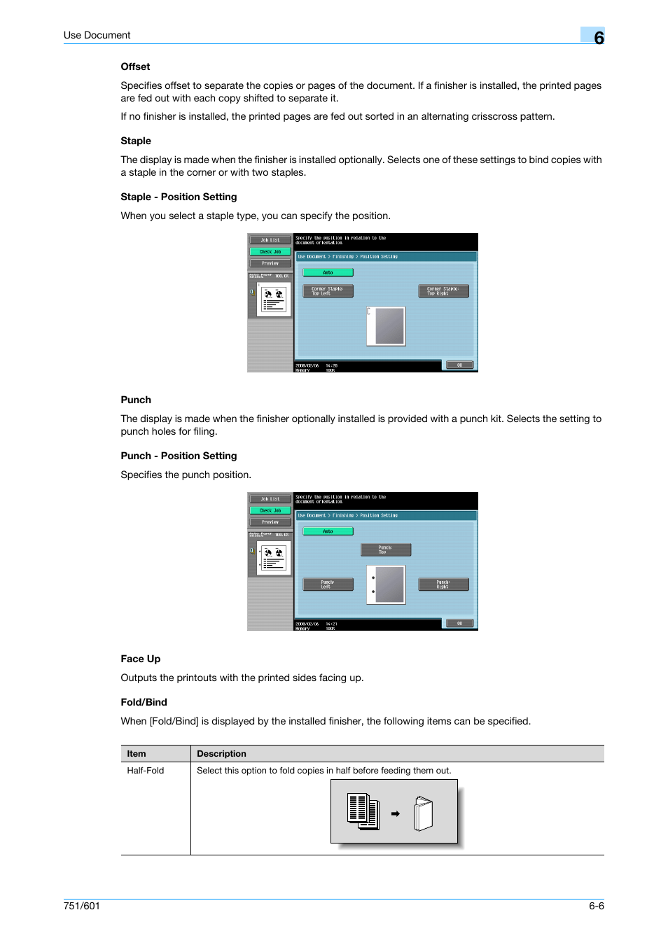 Offset, Staple, Staple - position setting | Punch, Punch - position setting, Face up, Fold/bind, P. 6-6, Bind | Konica Minolta bizhub 751 User Manual | Page 96 / 238