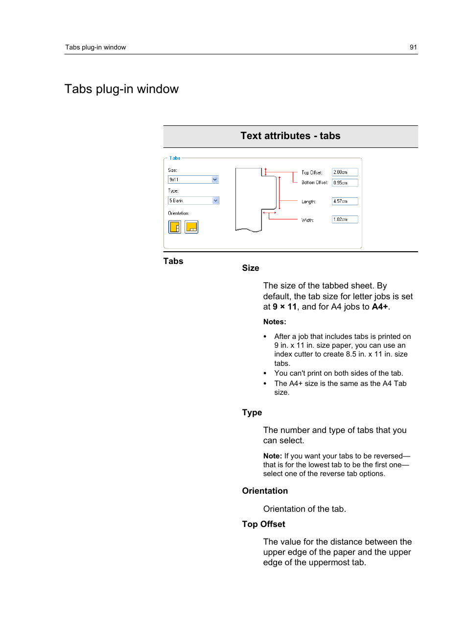 Tabs plug-in window, Text attributes - tabs | Konica Minolta bizhub PRESS C7000 User Manual | Page 101 / 218