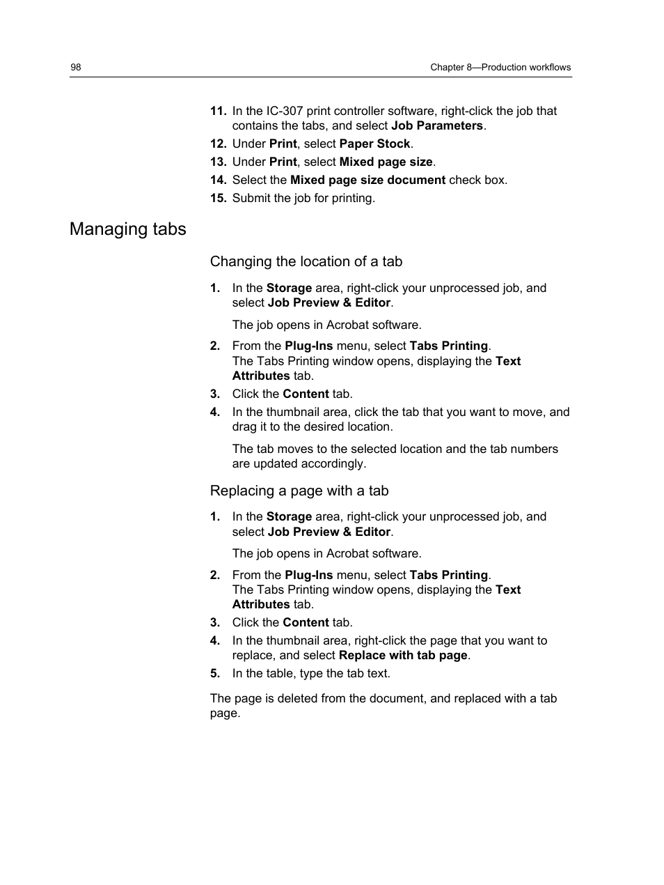 Managing tabs, Changing the location of a tab | Konica Minolta bizhub PRESS C7000 User Manual | Page 108 / 218
