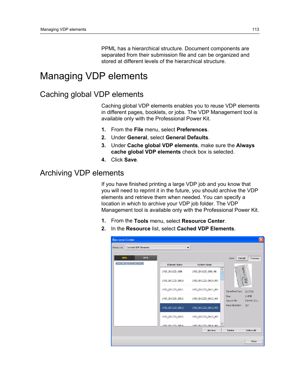 Managing vdp elements, Caching global vdp elements, Archiving vdp elements | Caching global vdp elements archiving vdp elements | Konica Minolta bizhub PRESS C7000 User Manual | Page 123 / 218