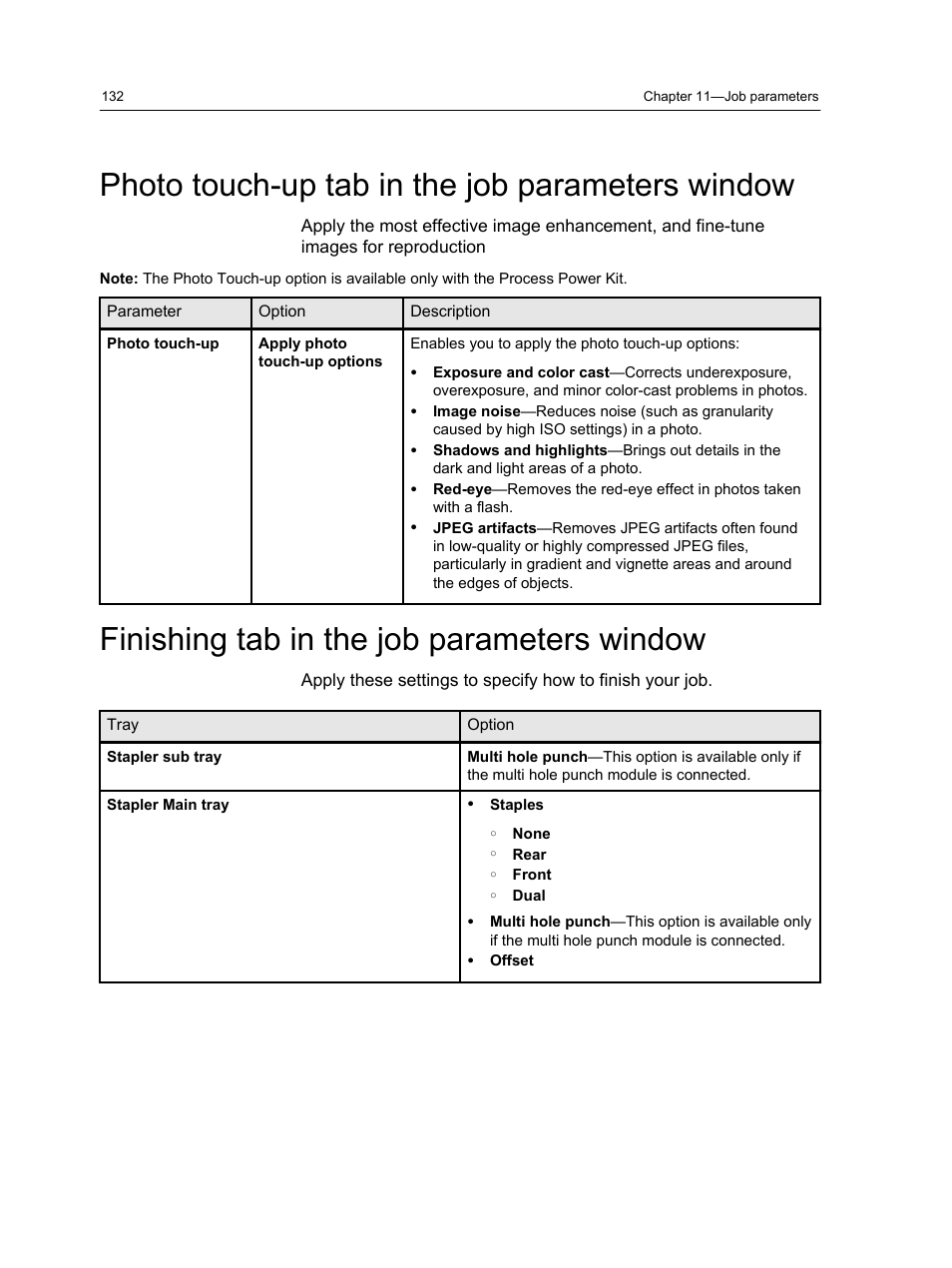 Photo touch-up tab in the job parameters window, Finishing tab in the job parameters window | Konica Minolta bizhub PRESS C7000 User Manual | Page 142 / 218