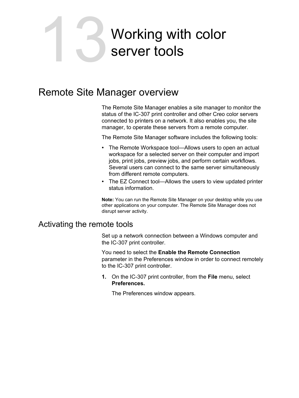 Working with color server tools, Remote site manager overview, Activating the remote tools | Konica Minolta bizhub PRESS C7000 User Manual | Page 169 / 218