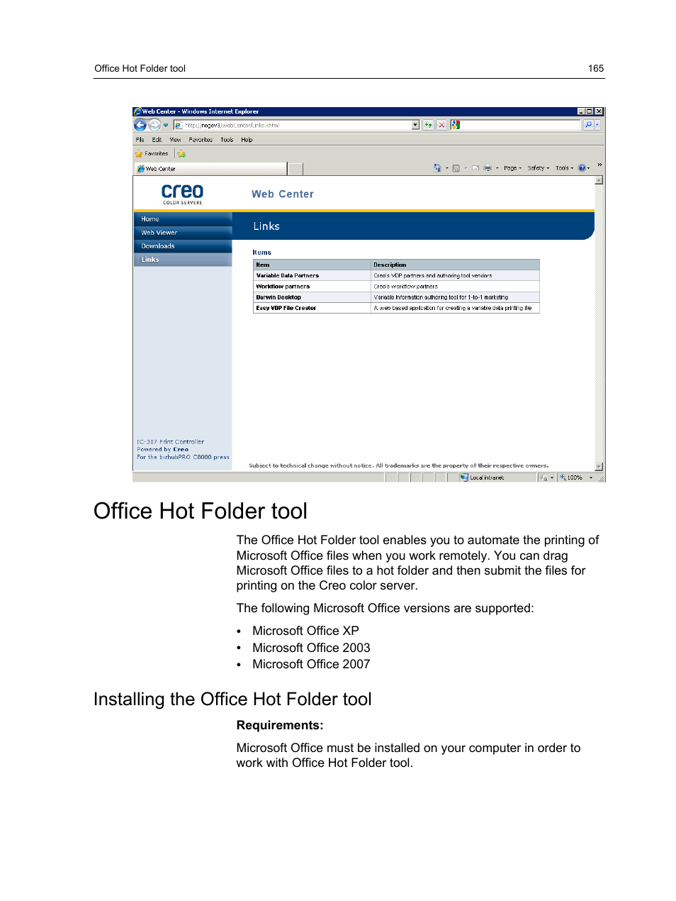 Office hot folder tool, Installing the office hot folder tool | Konica Minolta bizhub PRESS C7000 User Manual | Page 175 / 218