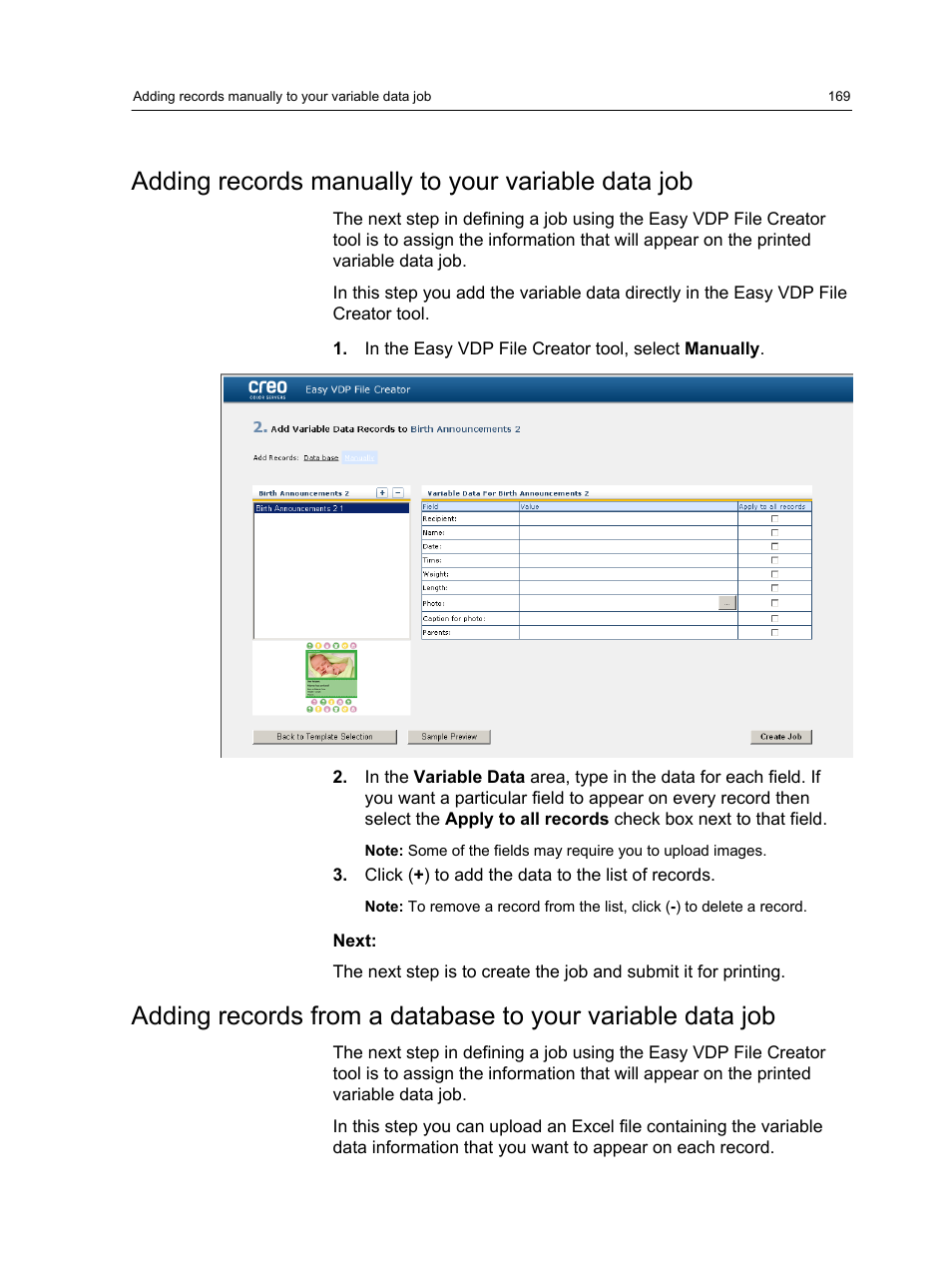 Adding records manually to your variable data job | Konica Minolta bizhub PRESS C7000 User Manual | Page 179 / 218