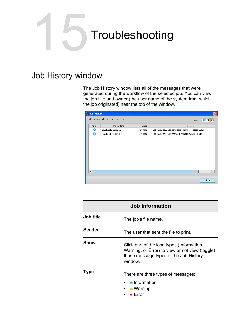 Troubleshooting, Job history window | Konica Minolta bizhub PRESS C7000 User Manual | Page 199 / 218