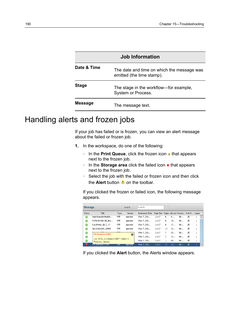 Handling alerts and frozen jobs | Konica Minolta bizhub PRESS C7000 User Manual | Page 200 / 218