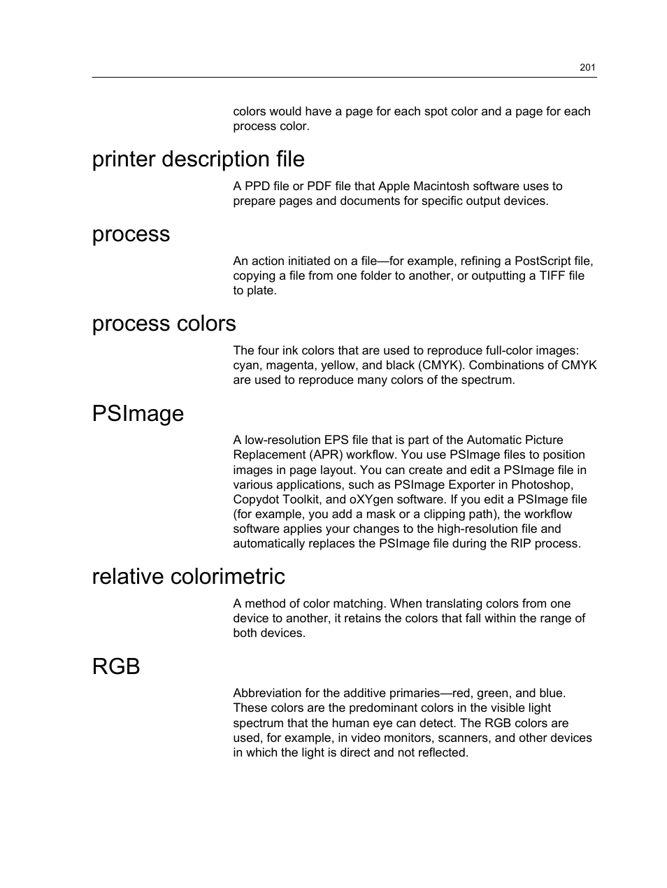 Printer description file, Process, Process colors | Psimage, Relative colorimetric | Konica Minolta bizhub PRESS C7000 User Manual | Page 211 / 218