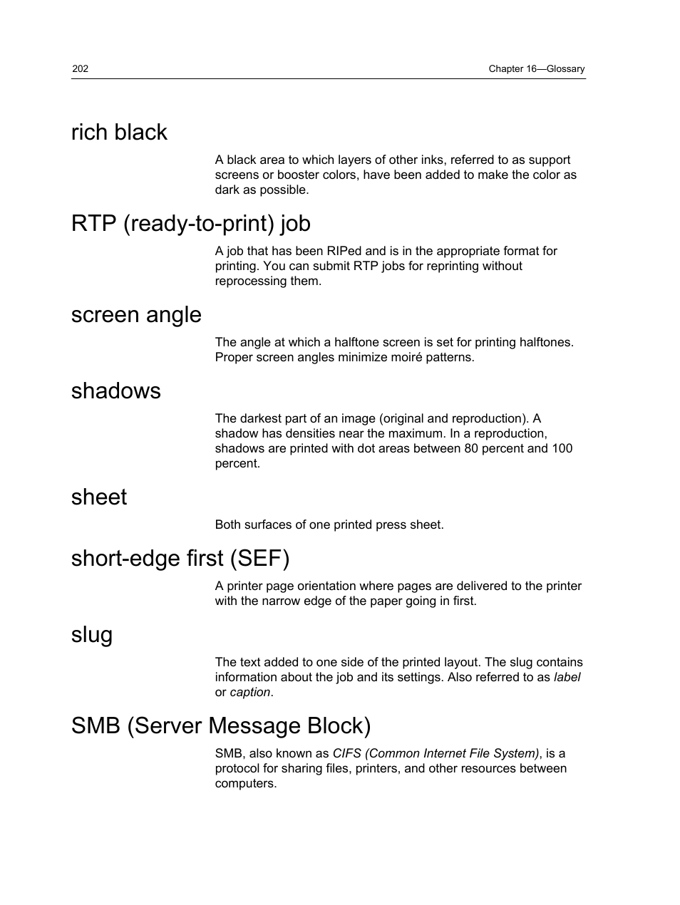 Rich black, Rtp (ready-to-print) job, Screen angle | Shadows, Sheet, Short-edge first (sef), Slug, Smb (server message block) | Konica Minolta bizhub PRESS C7000 User Manual | Page 212 / 218