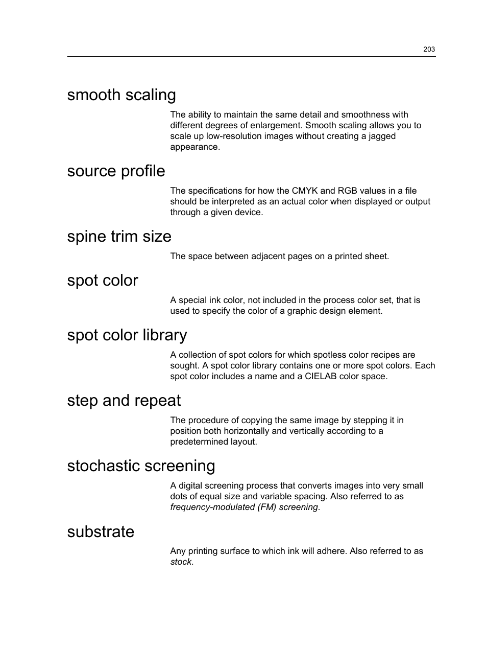 Smooth scaling, Source profile, Spine trim size | Spot color, Spot color library, Step and repeat, Stochastic screening, Substrate | Konica Minolta bizhub PRESS C7000 User Manual | Page 213 / 218