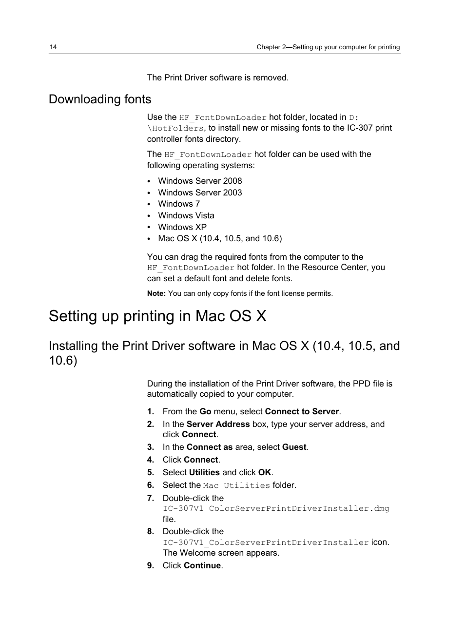 Downloading fonts, Setting up printing in mac os x | Konica Minolta bizhub PRESS C7000 User Manual | Page 24 / 218