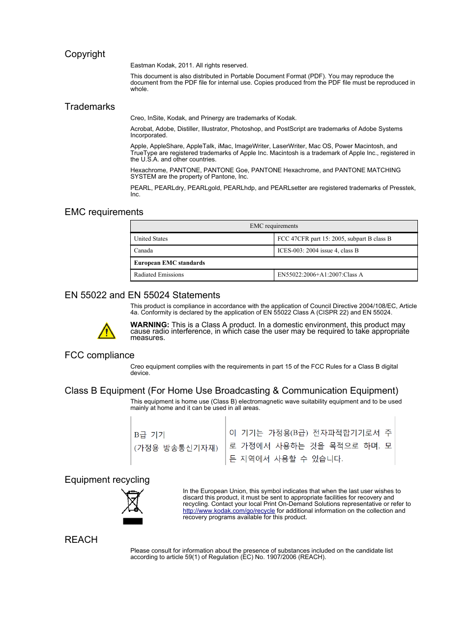 Copyright, Trademarks, Emc requirements | Fcc compliance, Equipment recycling, Reach | Konica Minolta bizhub PRESS C7000 User Manual | Page 3 / 218