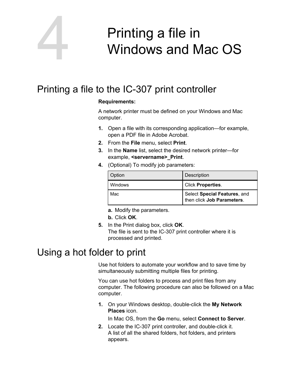 Printing a file in windows and mac os, Printing a file to the ic-307 print controller, Using a hot folder to print | Konica Minolta bizhub PRESS C7000 User Manual | Page 33 / 218