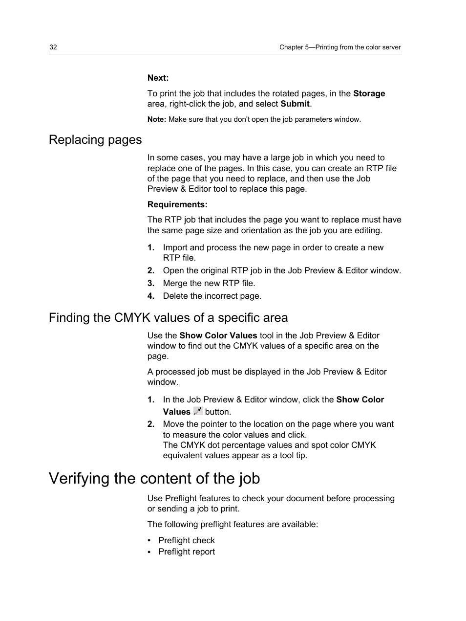 Finding the cmyk values of a specific area, Verifying the content of the job, Replacing pages | Konica Minolta bizhub PRESS C7000 User Manual | Page 42 / 218