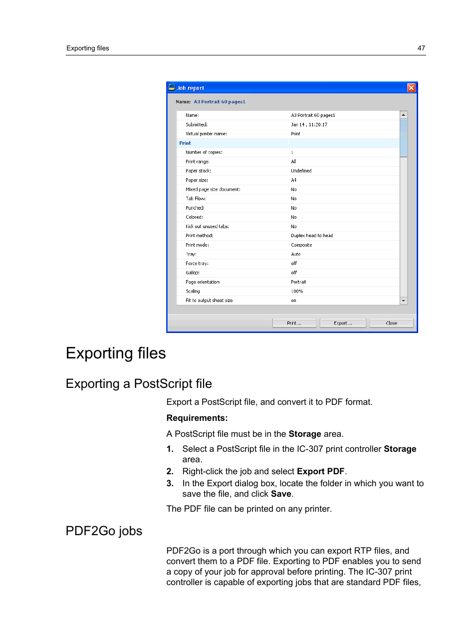 Exporting files, Exporting a postscript file, Pdf2go jobs | Exporting a postscript file pdf2go jobs | Konica Minolta bizhub PRESS C7000 User Manual | Page 57 / 218
