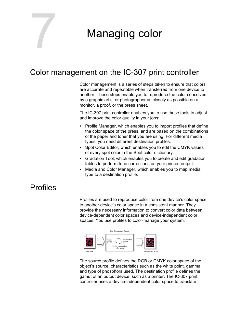 Managing color, Color management on the ic-307 print controller, Profiles | Konica Minolta bizhub PRESS C7000 User Manual | Page 59 / 218