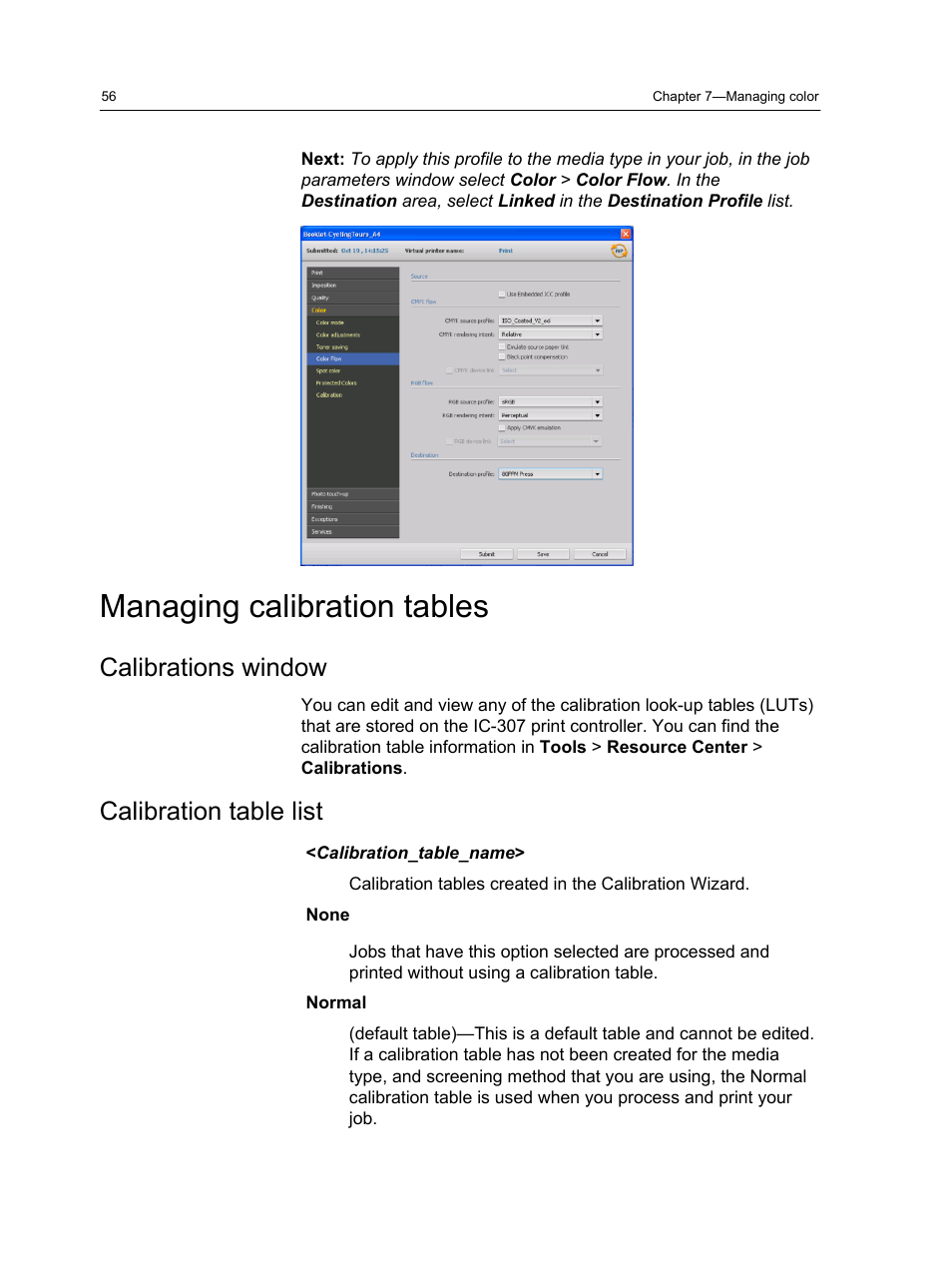 Managing calibration tables, Calibrations window, Calibration table list | Calibrations window calibration table list | Konica Minolta bizhub PRESS C7000 User Manual | Page 66 / 218