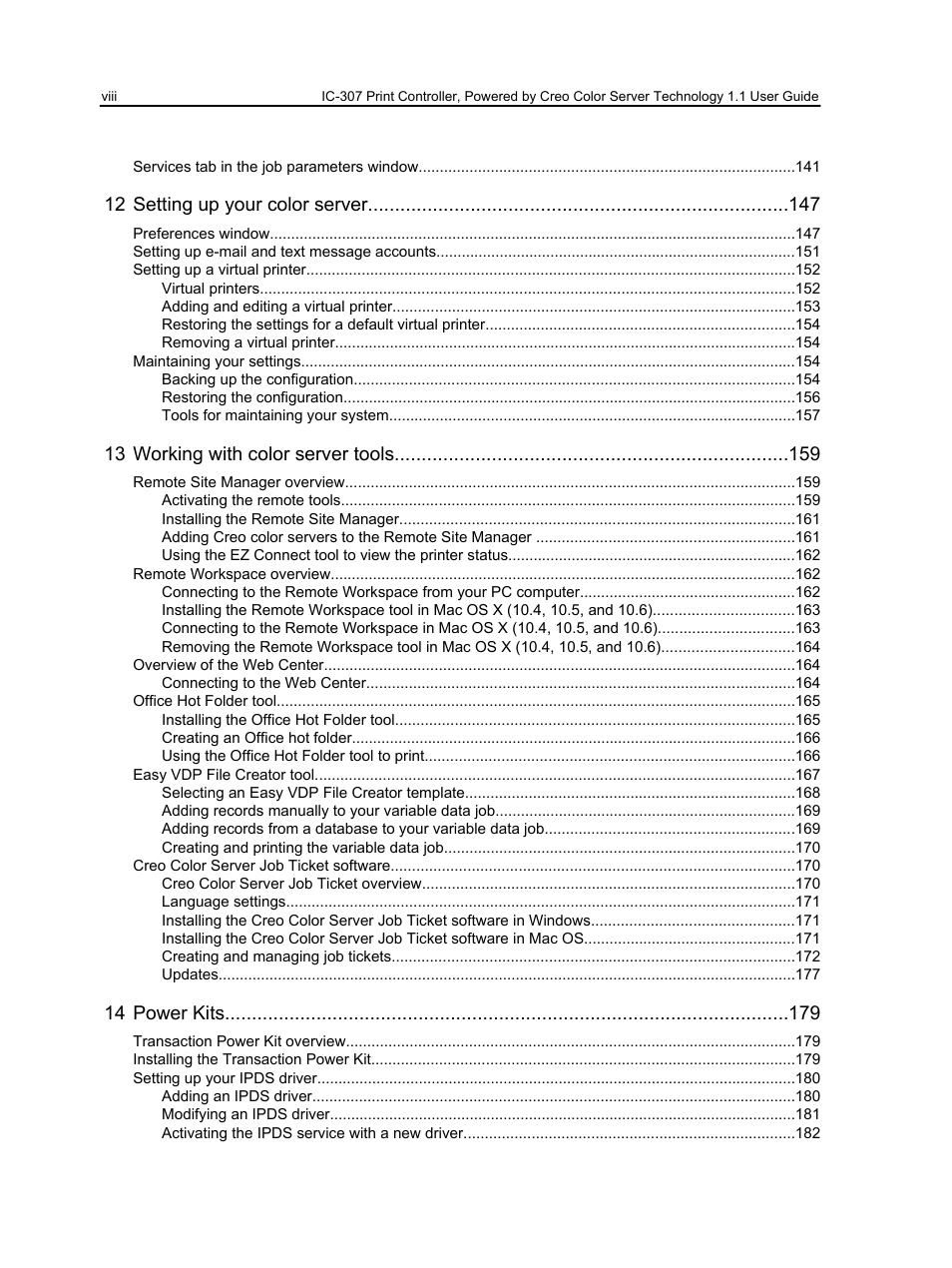 12 setting up your color server, 13 working with color server tools, 14 power kits | Konica Minolta bizhub PRESS C7000 User Manual | Page 8 / 218