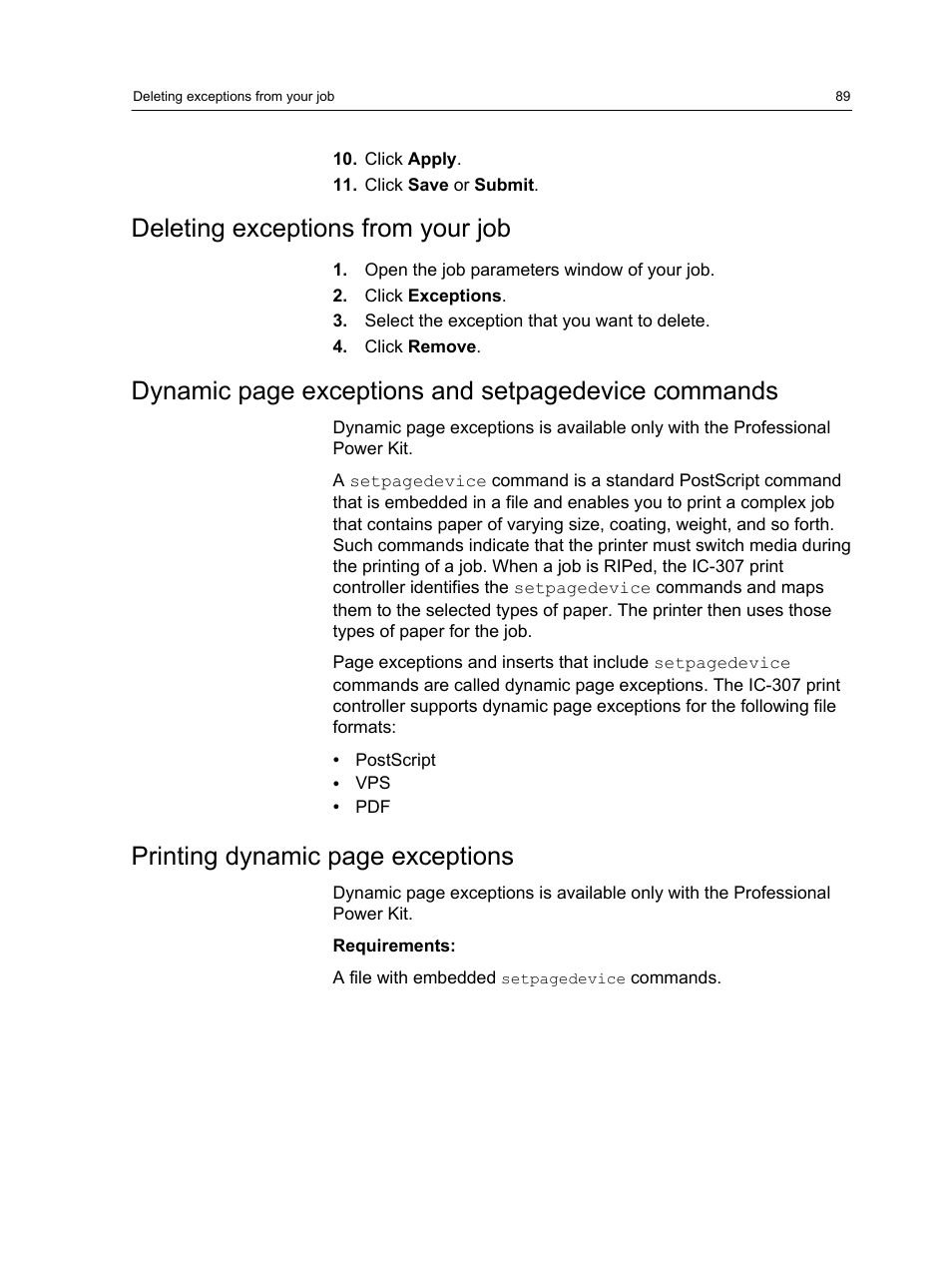 Deleting exceptions from your job, Dynamic page exceptions and setpagedevice commands, Printing dynamic page exceptions | Konica Minolta bizhub PRESS C7000 User Manual | Page 99 / 218