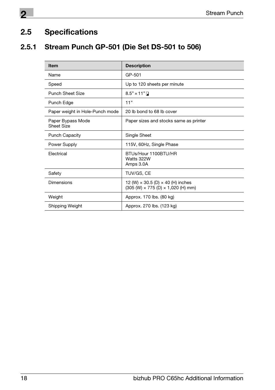 5 specifications, 1 stream punch gp-501 (die set ds-501 to 506), Specifications | Stream punch gp-501 (die set ds-501 to 506) | Konica Minolta bizhub PRO C65hc User Manual | Page 22 / 24
