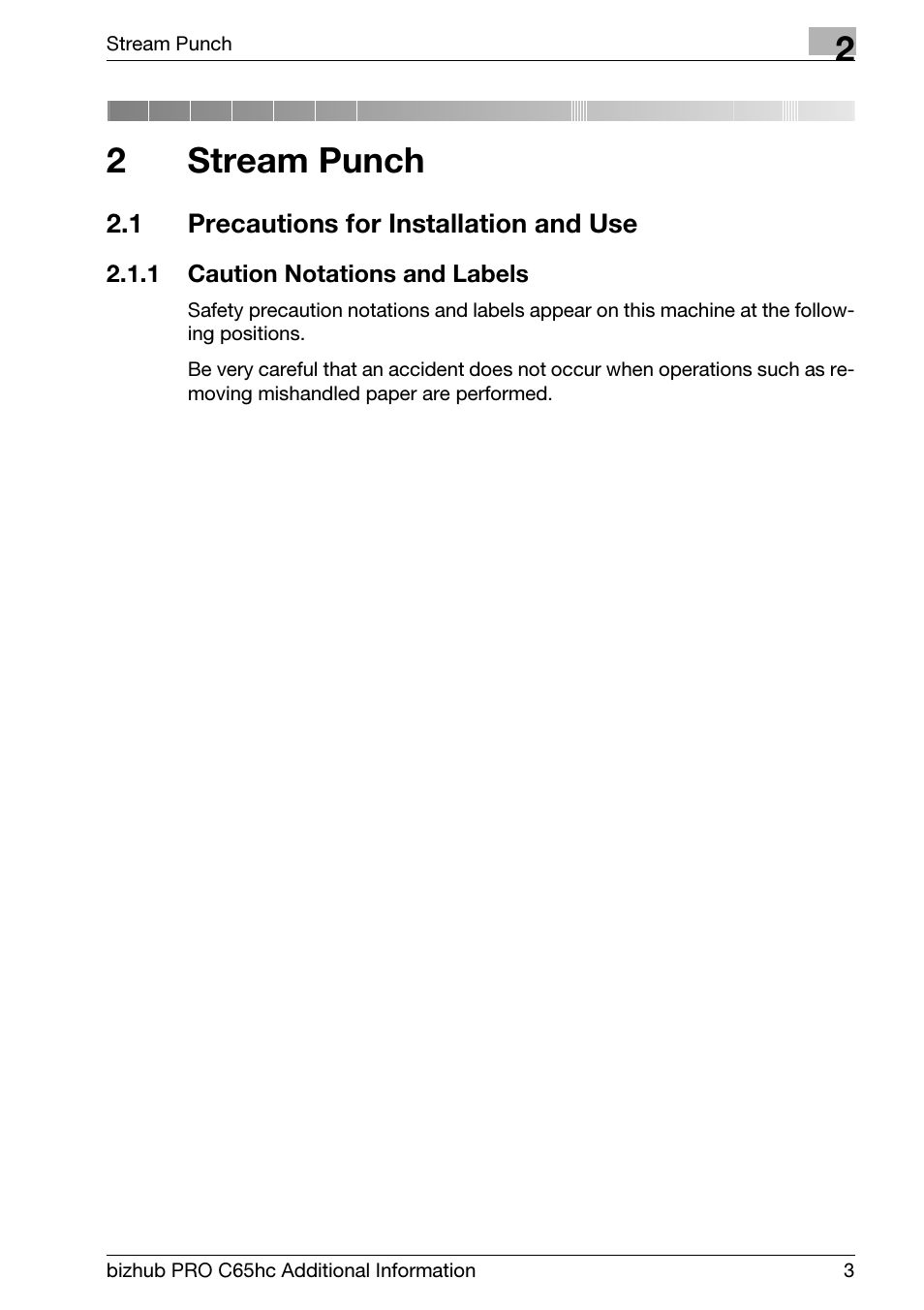 2 stream punch, 1 precautions for installation and use, 1 caution notations and labels | Stream punch, Precautions for installation and use, Caution notations and labels, 2stream punch | Konica Minolta bizhub PRO C65hc User Manual | Page 7 / 24